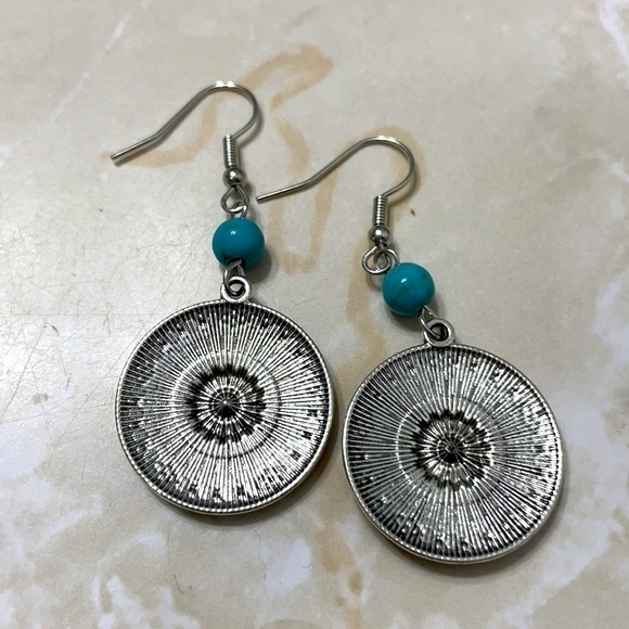 Boho Silver Round Turquoise Bead Drop  Earrings - Picture 12 of 14